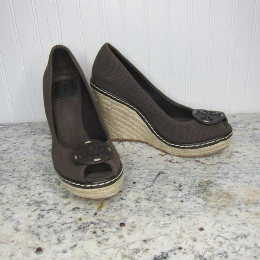Tory Burch Brown Canvas Wedges Size 7.5